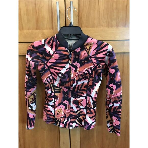 Billabong Girl Long Sleeve Wet Suit Rashguard Top T14 Full Zip Pink Combo - Picture 2 of 10